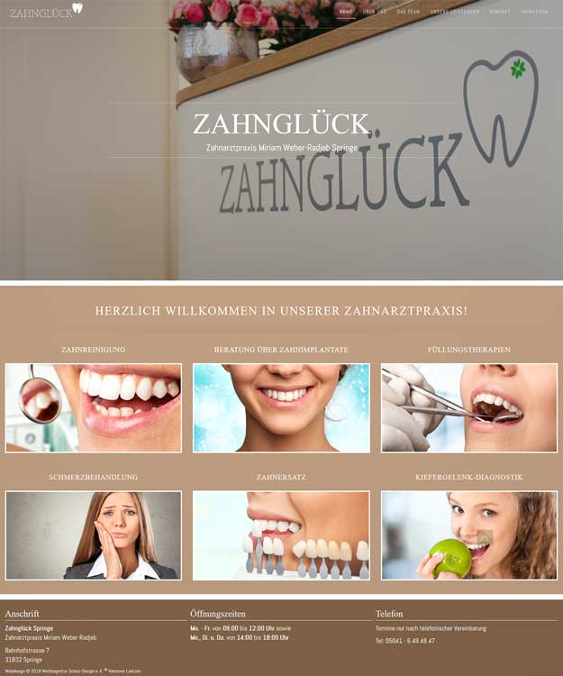 Werbeagentur Webdesign ZAHNGLÜCK Homepage Zahnarztpraxis Miriam Weber-Radjeb Springe